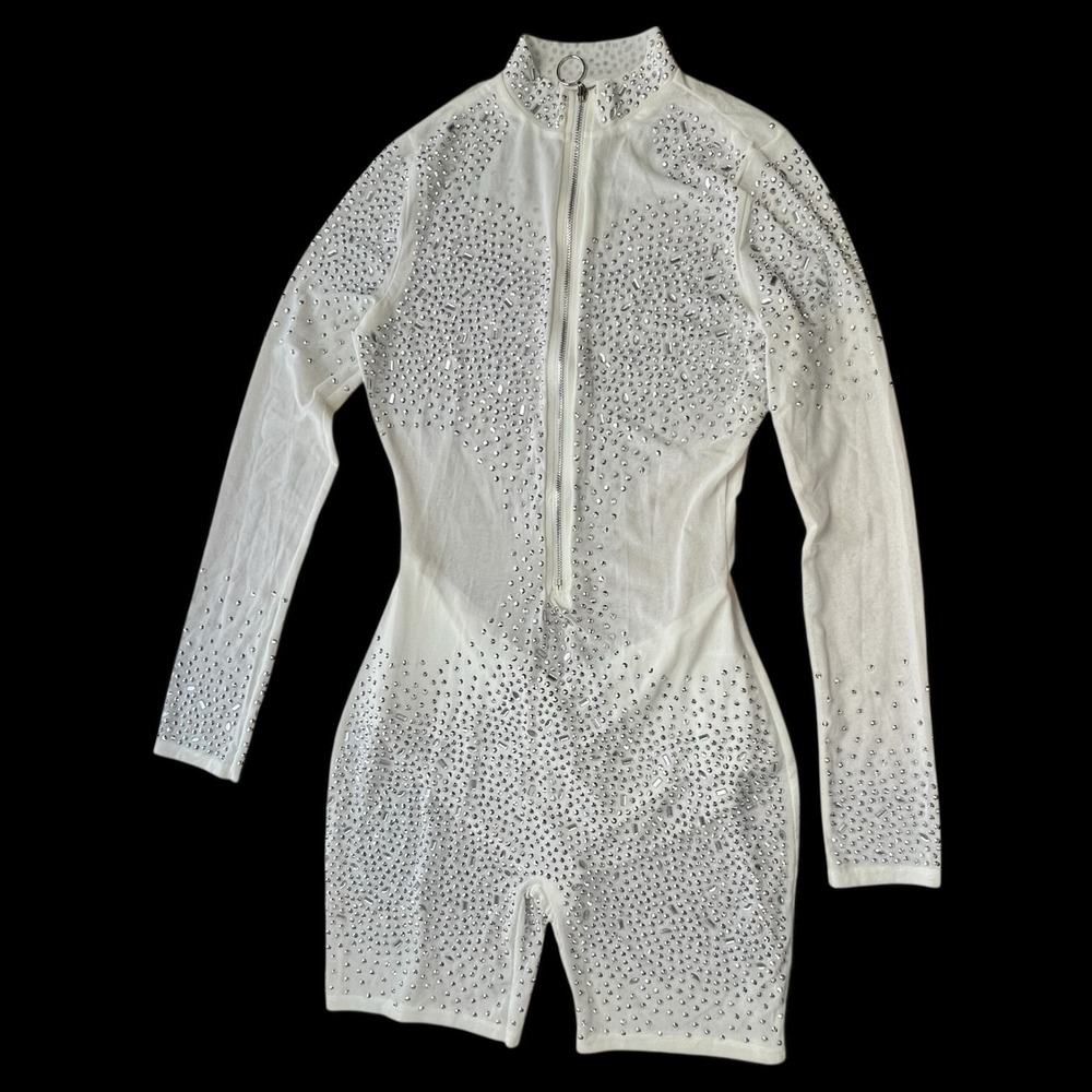 White Rhinestone Sheer‎ Mesh Zip Dance Performance Party Bodysuit Romper Size L